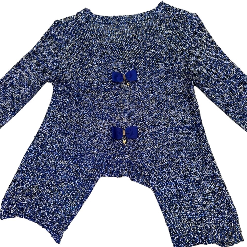 Vintage 90 S miss shop silver and blue see through bow‎ long sleeve top size m